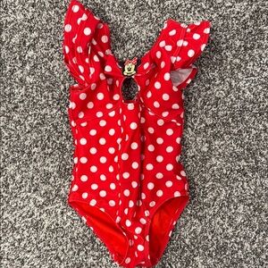 Toddler Girls Size XS Red Polka Dot Ruffle Swimsuit with Minnie Mouse